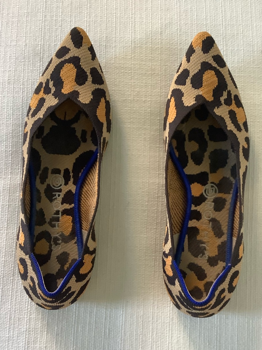 Rothy's Leopard Print Pointed Toe Flats with Blue Trim